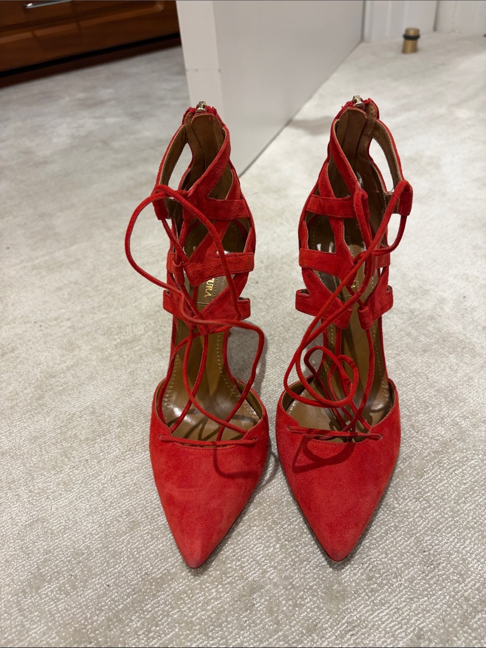 Red Lace-Up Pointed-Toe Women's Heels